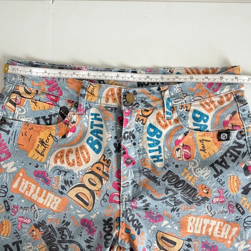 Born Primitive x Buttery Bros Mens Graffiti Print Denim Shorts Size L Streetwear